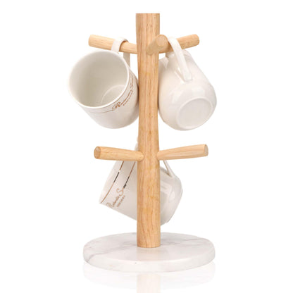 WORHE Mug Holder Marble Base with 6 Hooks Coffee Cup Rack Organizer for Countertop, Round Mugs Stand Hanger for Kitchen Counter Cabinet Bar Accessories and Home Decor White (MH001)