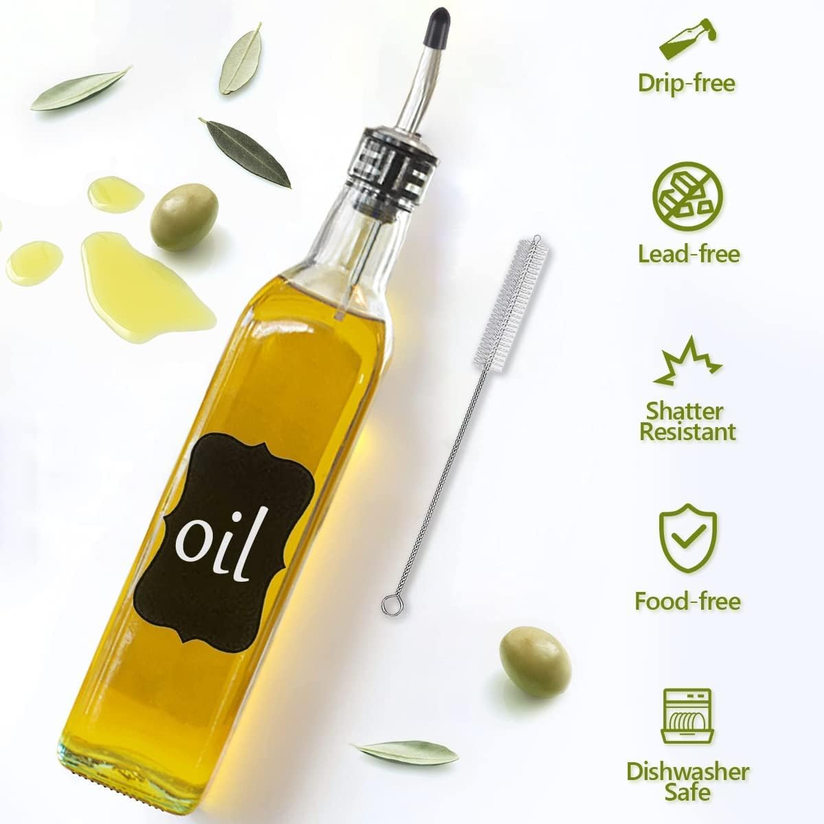 17oz/500ml 2 2 1 1 Showvigor Olive Oil Dispenser, Square Tall Glass Container With Stainless Steel Pourers, Labels