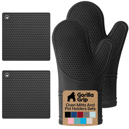 GORILLA GRIP BPA-Free Soft Silicone Oven Mitts and Pot Holders Sets of 4, Heat Resistant Waterproof Cooking Gloves, Thick Cotton Lining, Flexible Gripping for Baking Grilling, Kitchen Trivets, Black