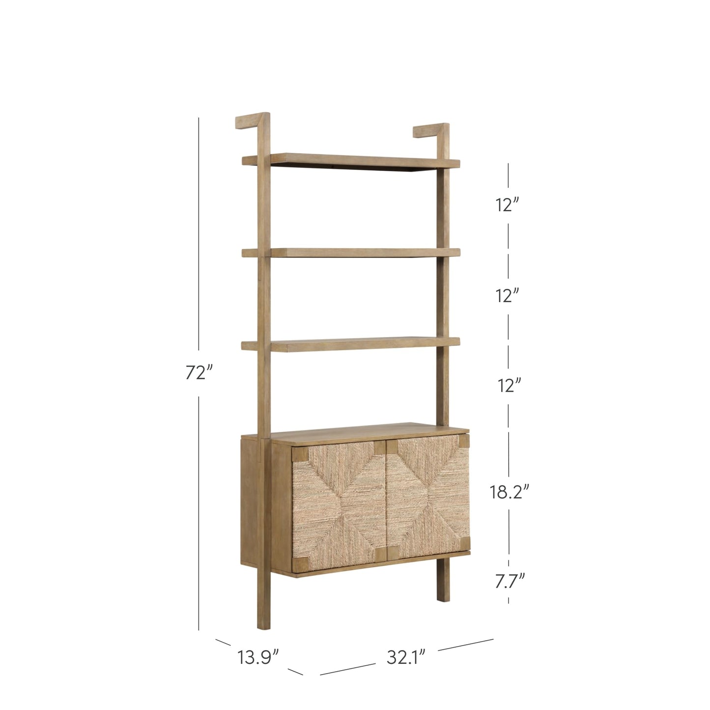 Nathan James Beacon 3-Shelf Solid Wood Bookshelf with Storage Cabinet, Bohemian Wall Mounted Shelf with Seagrass Door Fronts, Set of 2