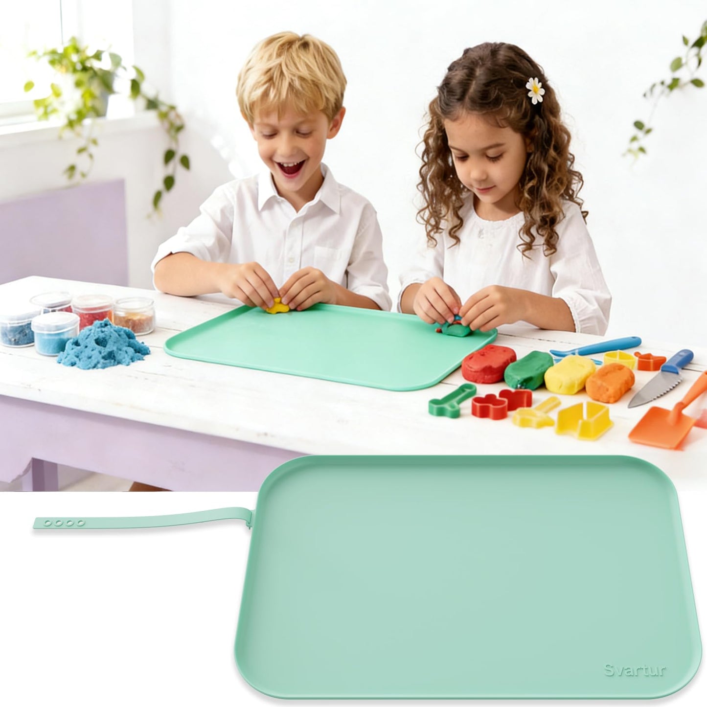 Silicone Craft Mat 24" x 16" with Raised Edge, Roll-Up Design with Storage Strap, Multi-Purpose Desk & Table Protector Silicone Art Mat for Crafts, Painting & DIY, Light Green