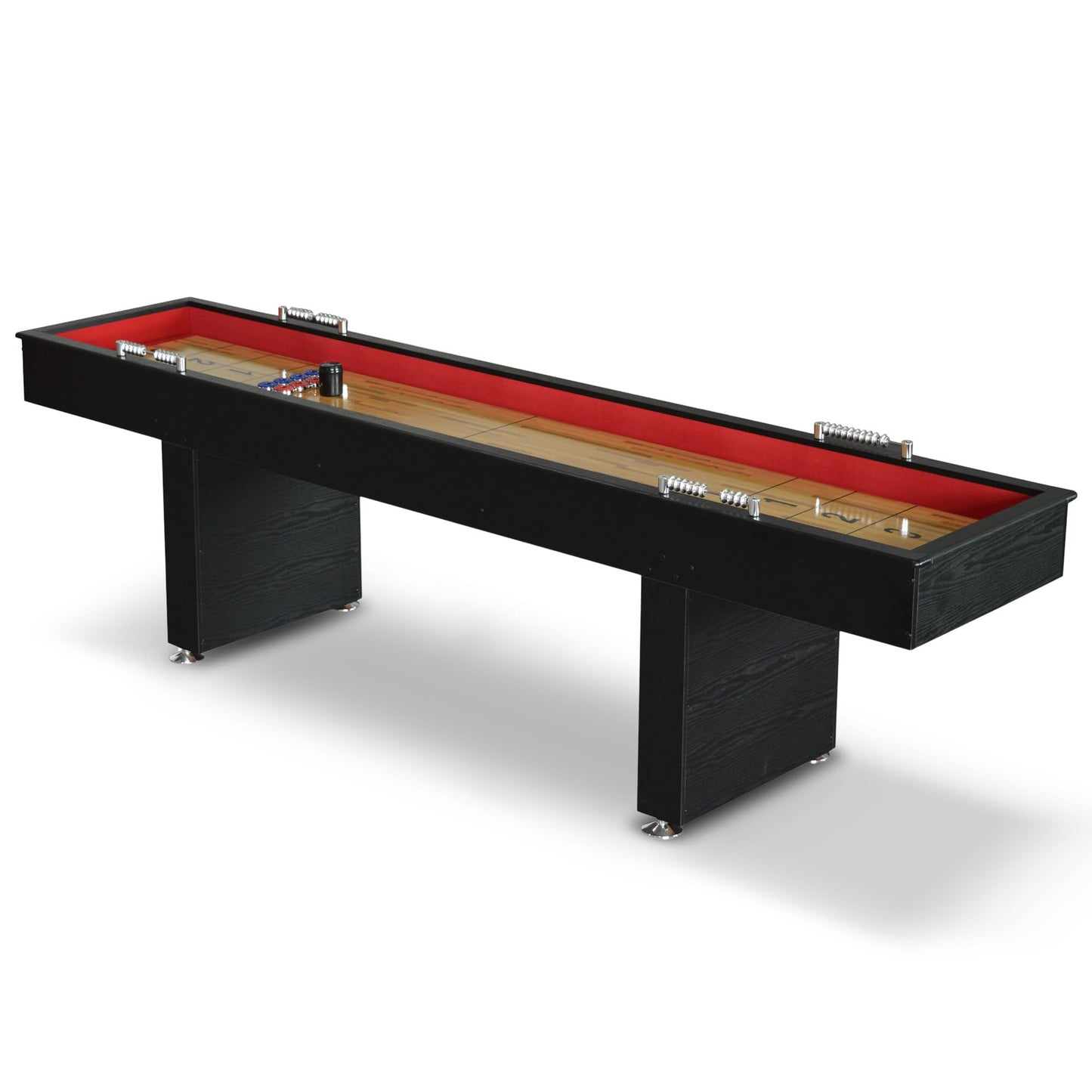 Hathaway Avenger 9 Ft Shuffleboard Table for Family Game Room – Poly-Coated Playfield, Built-in Scorer & Cabinet, Carpeted Gutters, 8 Pucks, Brush & Wax – Black Finish