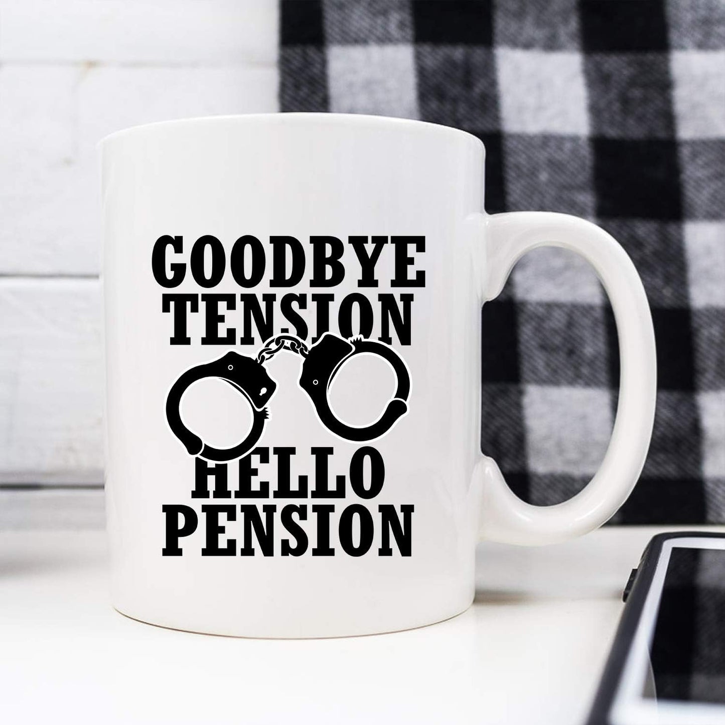 YouNique Designs Goodbye Tension Hello Pension - 11 Oz Portable Coffee Mug, Retirement Gift for Police Officer