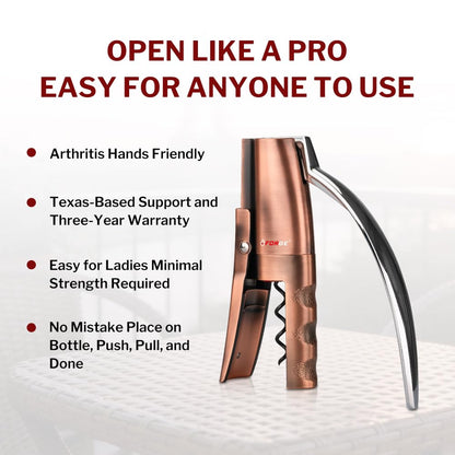 Forge Quality Compact Vertical Lever Corkscrew Wine Opener with Foil Cutter. 3 Seconds to Open a Bottle of Wine. Metallic Bronze