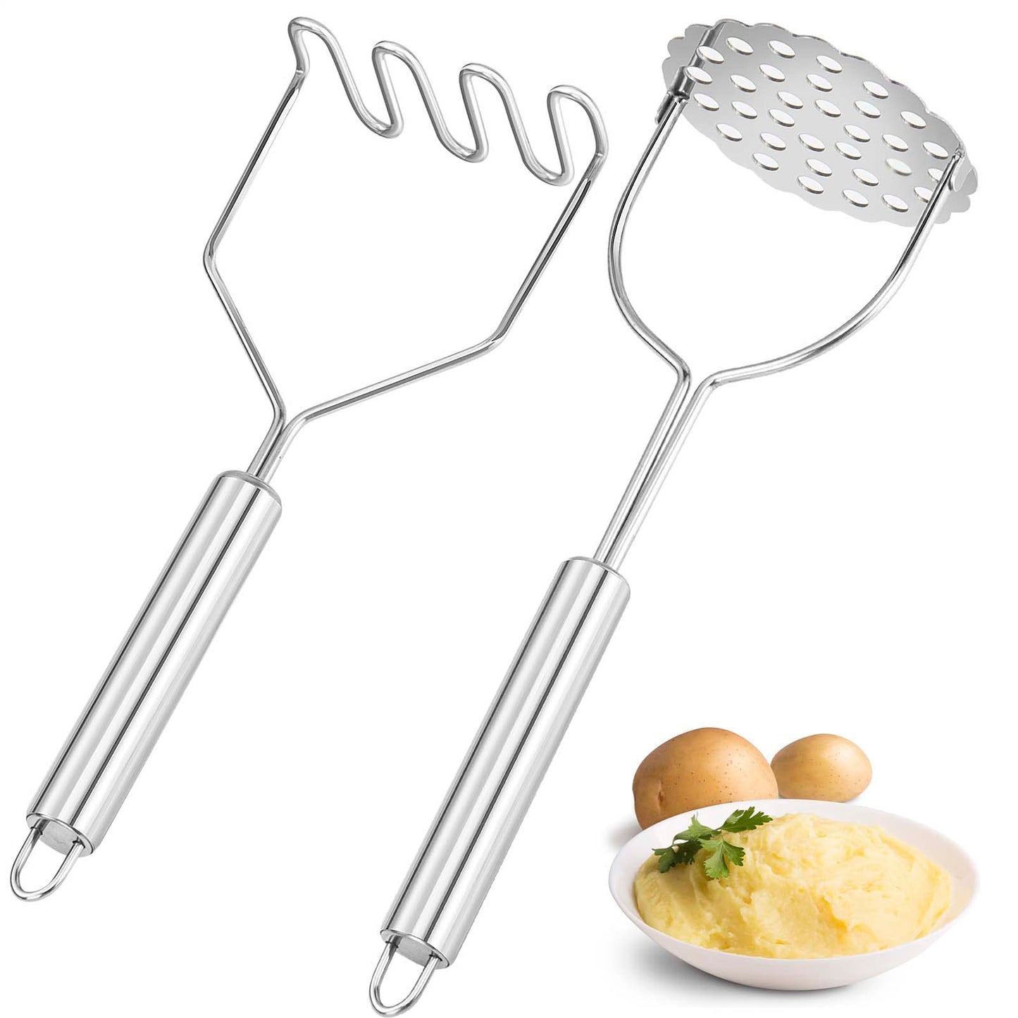 VOOVAO 2 Pcs Potato Smasher, Mashed Potato Masher, Stainless Steel Masher Kitchen Tool for Avocado, Bean, Fruit, Vegetables, Food