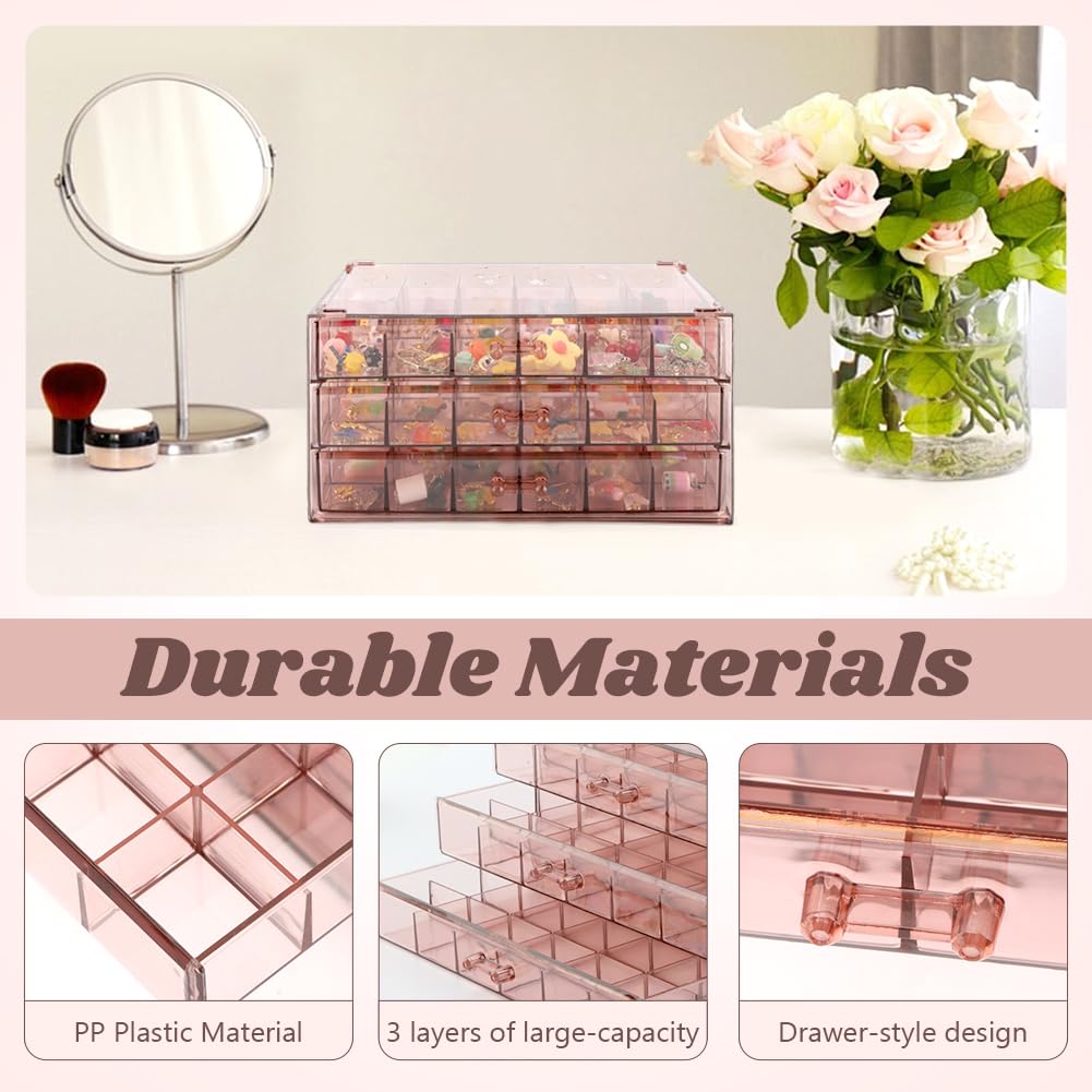 Meluvora Jewelry Organizer, Earring Holder Organizer Box with 3 Layers, 72 Grids Earring Case, Craft Storage Containers for Nail Charms, Ring, Earrings(Tan)