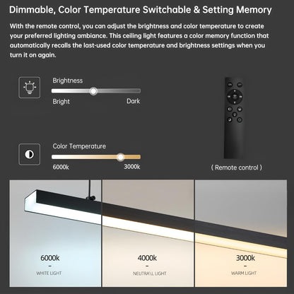 Black long chandelier, dining room light, Nordic modern minimalist style, office, long bar counter, kitchen light, color temperature adjustable from 3000K to 6000K, LED chandelier, 70.87 inches