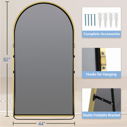 Oversized Floor Mirror Full Length 82"X44", Extra Large Arched Full Length Mirror with Stand, Tempered Glass Gold Standing Mirror for Bedroom Living Room Clothing Store Gym, Aluminum Alloy Frame