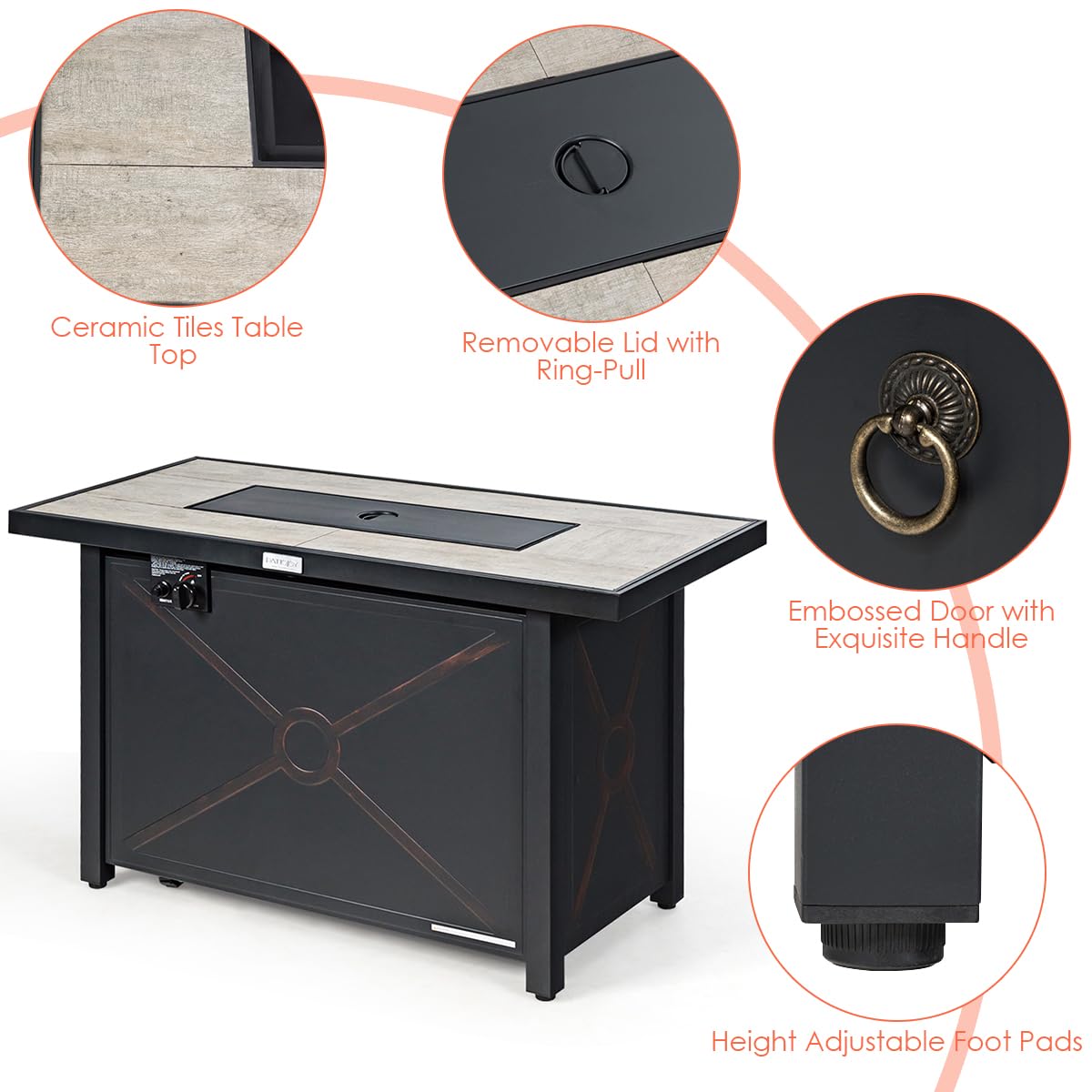 COSTWAY 42" Propane Fire Pit Table, 60,000 BTU Outdoor Rectangle Gas Fire Table W/Ceramic Tabletop, Lava Rock & PVC Cover Included, Stainless Steel Burner, Ideal for Backyard, Poolside