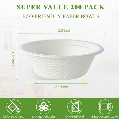 Vplus 200 Pack 12 OZ Paper Bowls, Disposable Compostable Bowls Bulk, Eco-friendly Bagasse Bowls, Heavy-duty Bowls Perfect for Milk Cereals, Snacks, Salads