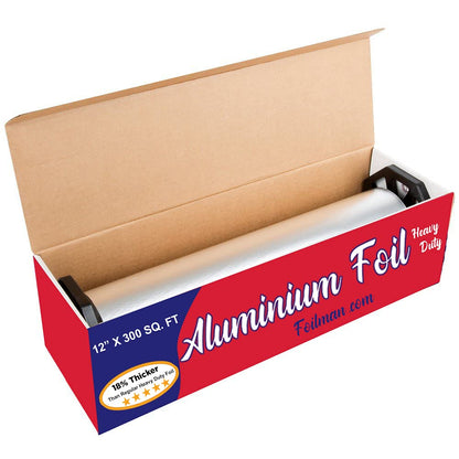 Foilman Thick & Heavy Duty Aluminum Foil Roll with Sturdy Corrugated Cutter Box, Food Safe Cling Wrap for Cooking, Baking, Roasting, Grilling, Freezer Storage - Durable Kitchen Use - 12 in x 300 sq ft