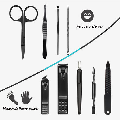 Manicure Set 9 in 1 Stainless Steel, Nail Clippers Scissors Pedicure Tools Kit - Portable Travel Grooming Kit for Men and Women with Black/Blue Leather Case (Blue)