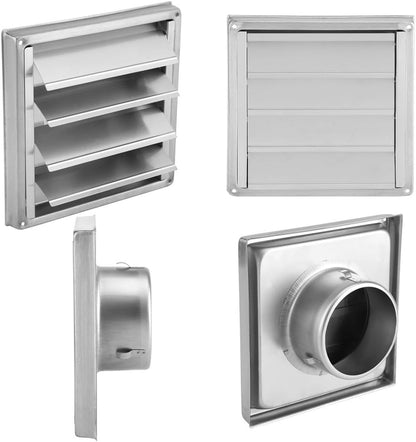 Louvered Outdoor Dryer Vent Cover, 100mm Stainless Steel Air Vent Duct Grill, Square Tumble Dryer Extractor Fan Outlet