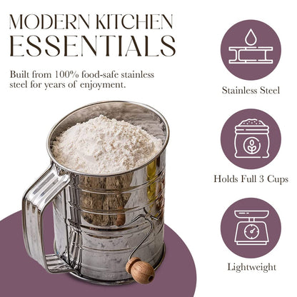 Bellemain 3 Cup Flour Sifter for Baking Fine Mesh Rotary Hand Crank with Loop Agitator for Quick Sifting, Flour Sifter Stainlees Steel