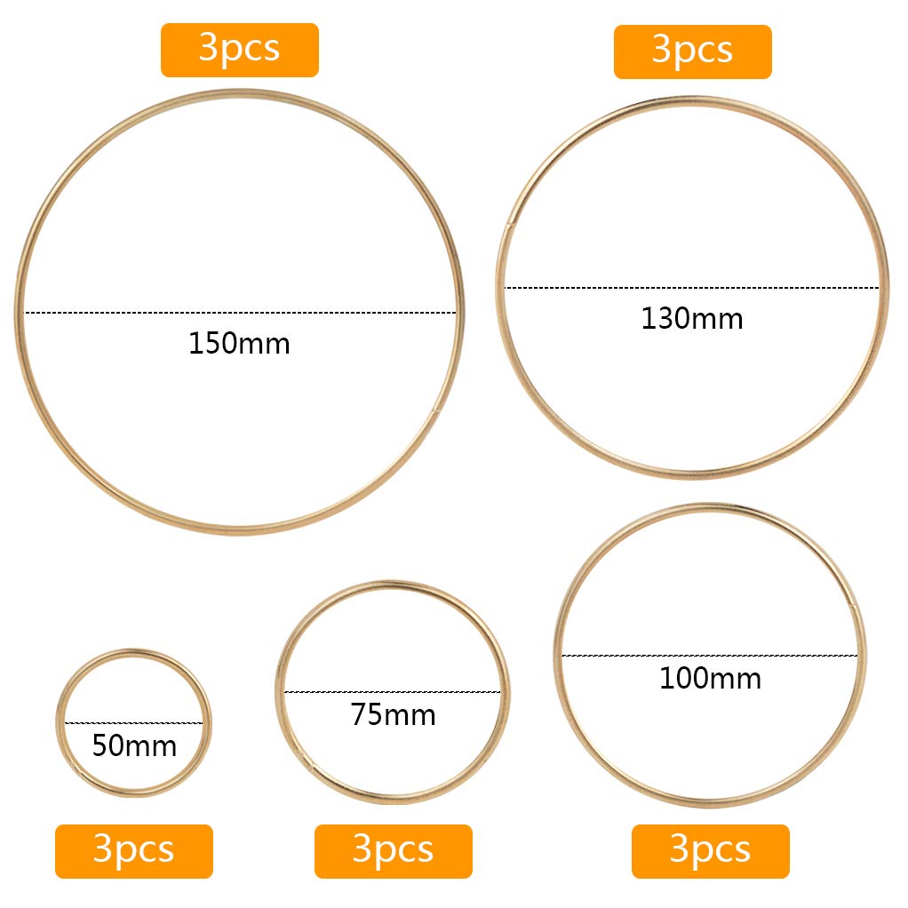 Nydotd 125Pcs Dream Catcher Making Kit, 15 Pcs Metal Rings Hoops Macrame Ring in 5 Size Gold, 100pcs 6 Styled Feathers, 10 Pcs 3 mm Faux Suede Cord for Dream Catcher Crafts Birthday Party
