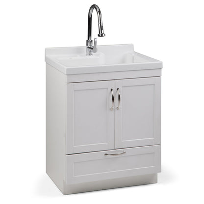 SIMPLIHOME Maile All-in-One 28 inch Wide Utility Sink and Laundry Cabinet in Pure White Finish, Transitional ABS Sink Cabinet for Laundry Rooms or Garage with High-Arch Chrome Faucet and Storage