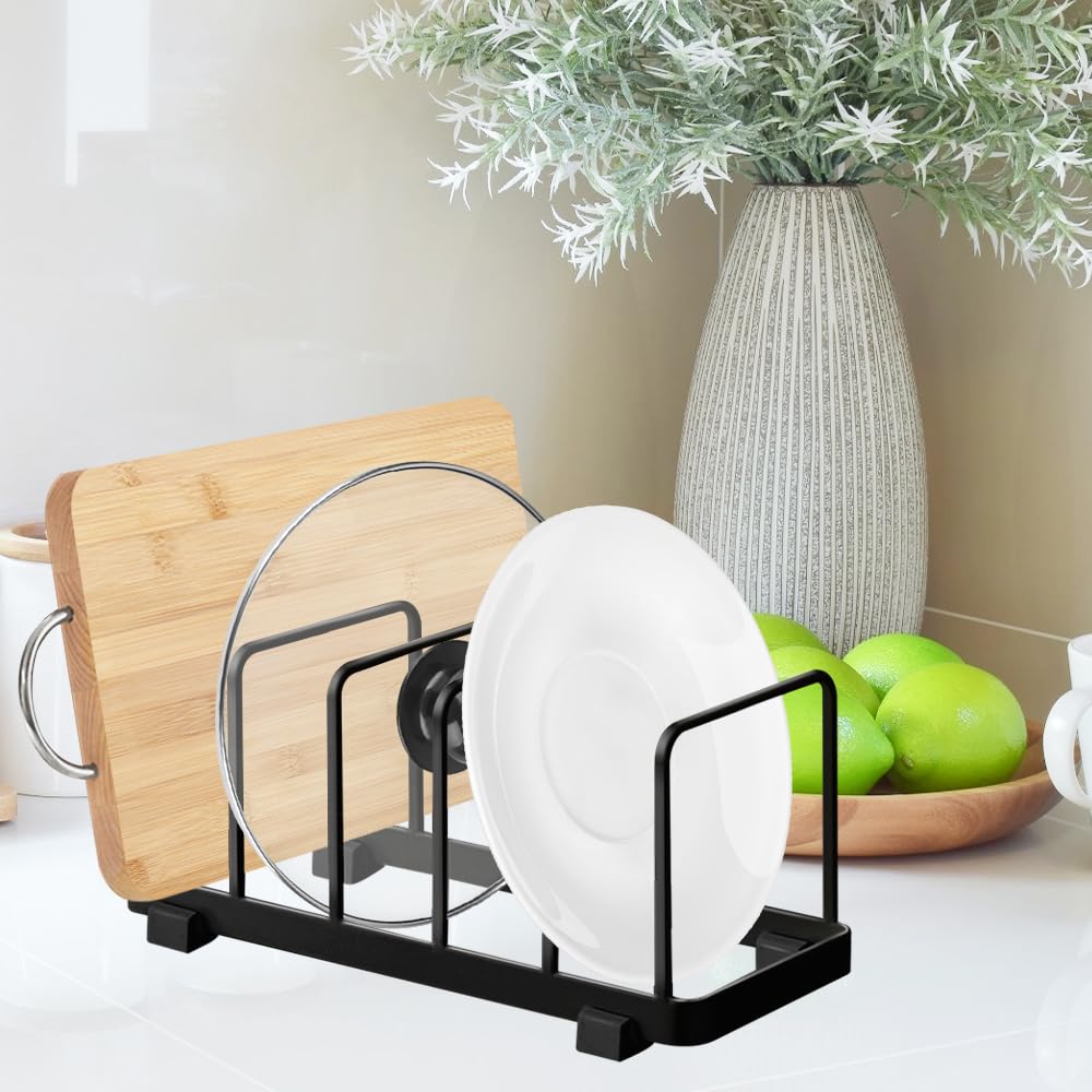 TIE-DailyNec 2 Pack Metal Dish Plate Storage Rack Kitchen Storage Cabinet Organizer Pot Lid Holder Multifunctional Dying Display Rack for Pad Pans Pots, Bakeware, Trays, Cutting Boards (Black)