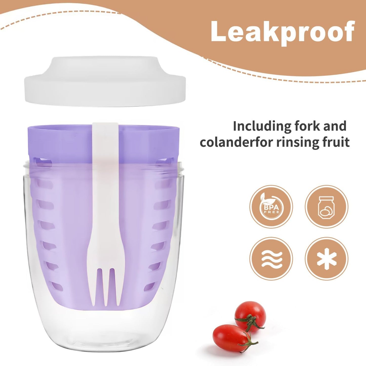 Fruit Salad Storage Cup with Lids and Fork, 20 Oz Airtight Plastic Containers for Fridge, BPA-Free, Reusable (Purple)