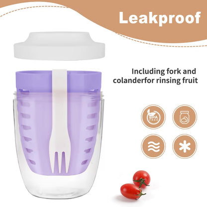 Fruit Salad Storage Cup with Lids and Fork, 20 Oz Airtight Plastic Containers for Fridge, BPA-Free, Reusable (Purple)