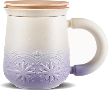 11 oz ZENS Tea Mug with Infuser and Lid for Loose Leaf Tea Steeper, Embossed Ceramic Tea Cup with Strainers. Wood Lid