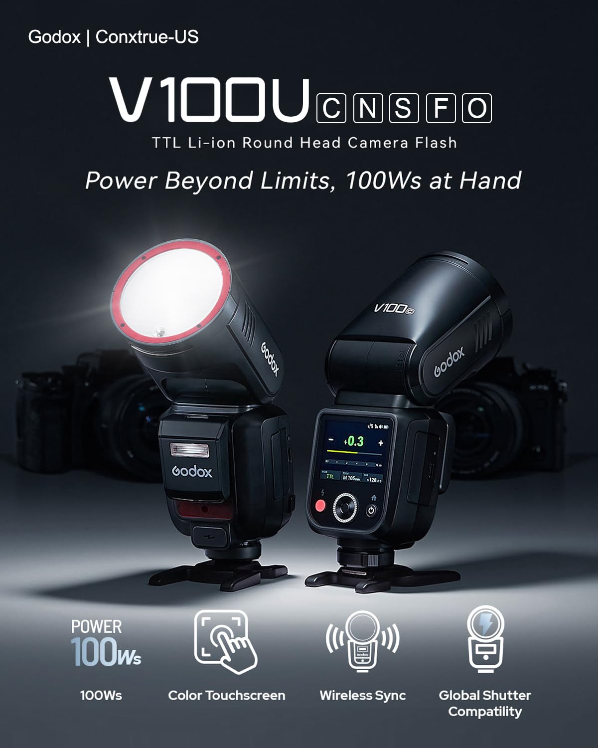 Godox V100C U Round Head Flash for Canon – 100Ws TTL Speedlite with 2.4G Wireless, Global Shutter Sync 1/8000s, Touchscreen, Built-in Li-ion Battery, Diffuser Dome Accessories Kit (V100-C US Version)