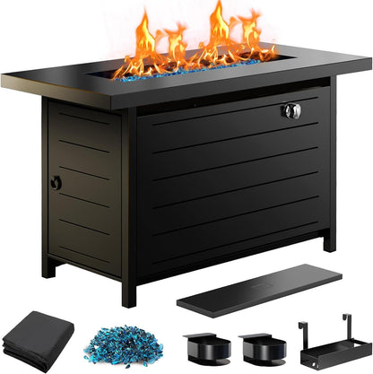 Ciays 43″ Propane Fire Pit with Glass Beads & Lid, 60,000 BTU CSA-Certified Gas Fire Pits with Cup Holders, Hanging Shelf & Nylon Cover, Large Fire Pit Table for Patio/Porch/Deck, Black