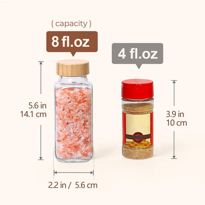 ComSaf 8 oz 6Pcs Glass Spice Jars with Label, Empty Spice Containers with Bamboo Lids, Square Seasoning Containers Trial and Supplement Set, Small Seasoning Bottles for Salt, Herbs, Sugar, Pepper