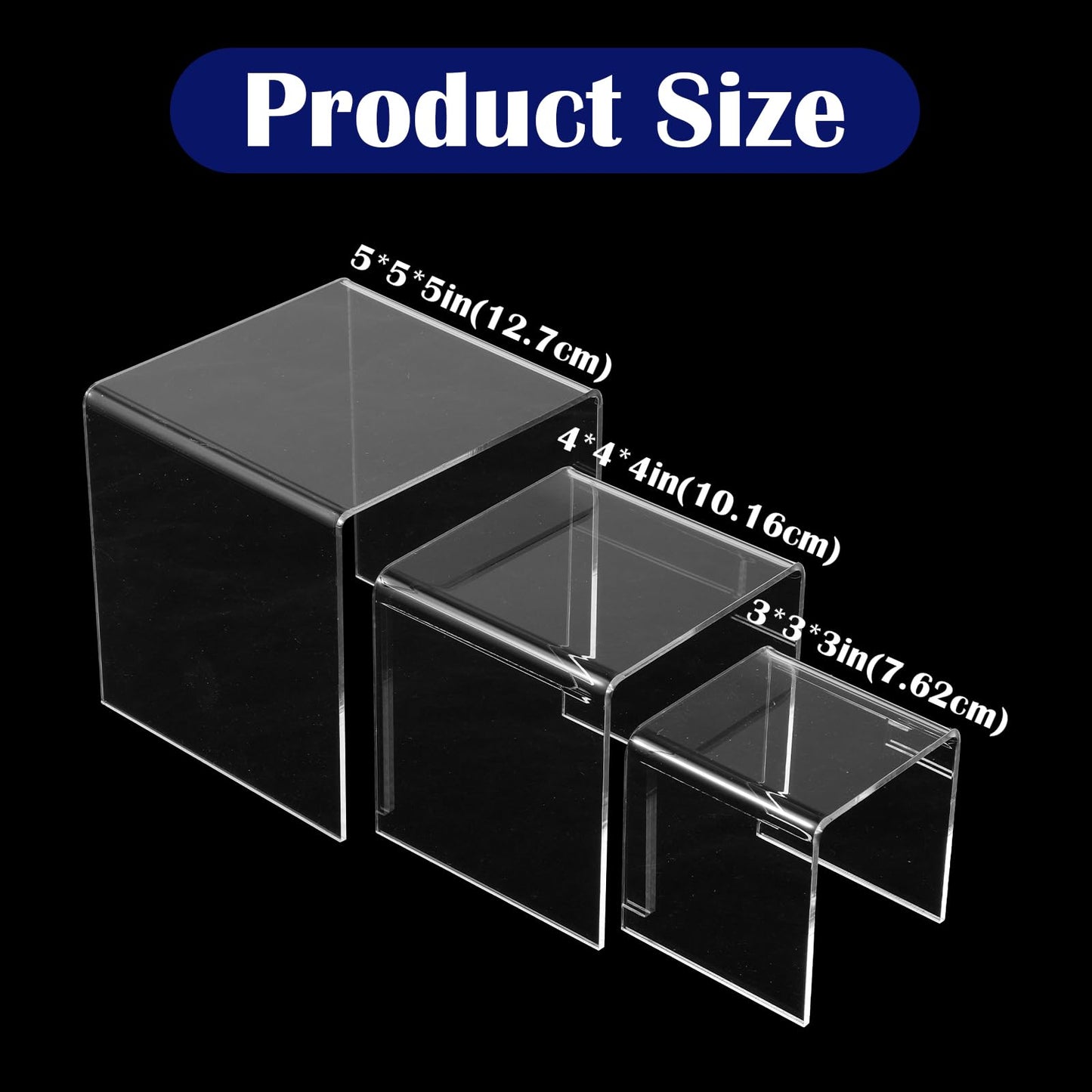 Yolev 6 Pcs Clear Acrylic Risers Display Stands 0.2" Thick 2 Sets Square 3-Tier Risers Stands Tall Acrylic Shelf Riser Display Holder for Figures, Decorations, Cupcakes, Dessert Table (3",4",5")