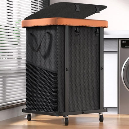 150L (40 Gal) Large Fashion Laundry Basket with Wheels, Leather Patchwork Rolling Hamper Carts, Sturdy Metal Frame