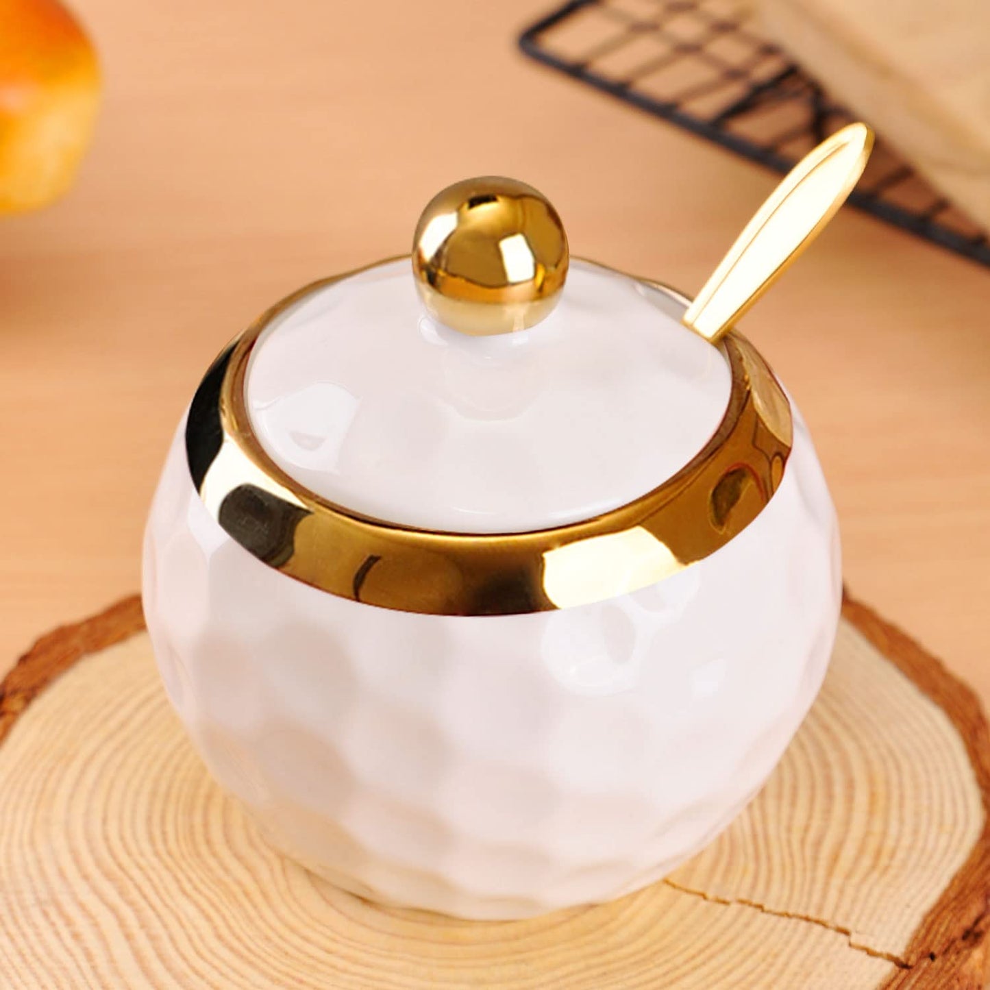 WHJY Ceramic Sugar Bowl with Lid and Spoon, Golf Design Porcelain Salt Bowl Salt Container, Modern Spice Box Seasoning Jar for Home and Kitchen Coffee Bar - White