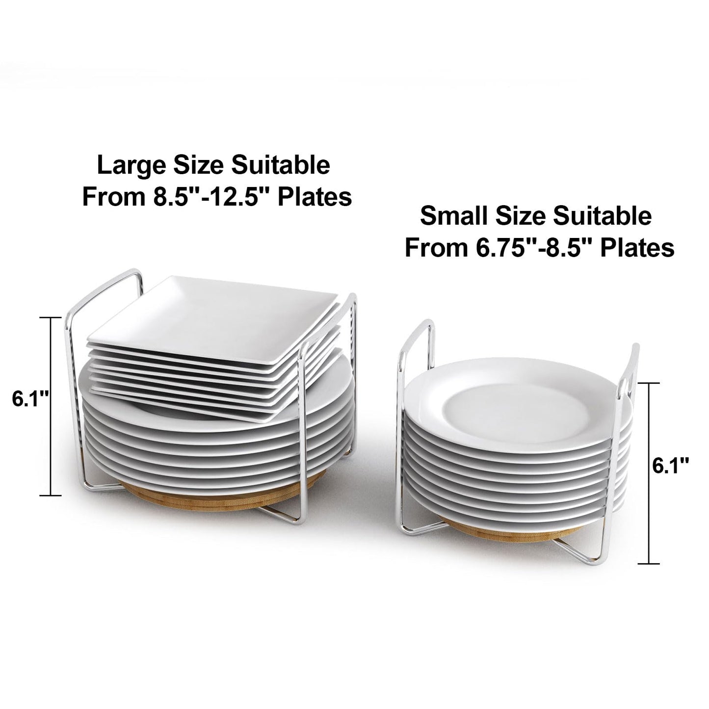 Dish Rack for Kitchen Countertop Organizer - Bamboo Plate Organizer for Cabinet Space Saver, Adjustable Stainless Steel 304 Plate and Bowl Holder with Portable Handle for Drawer Cupboard Shelf RV