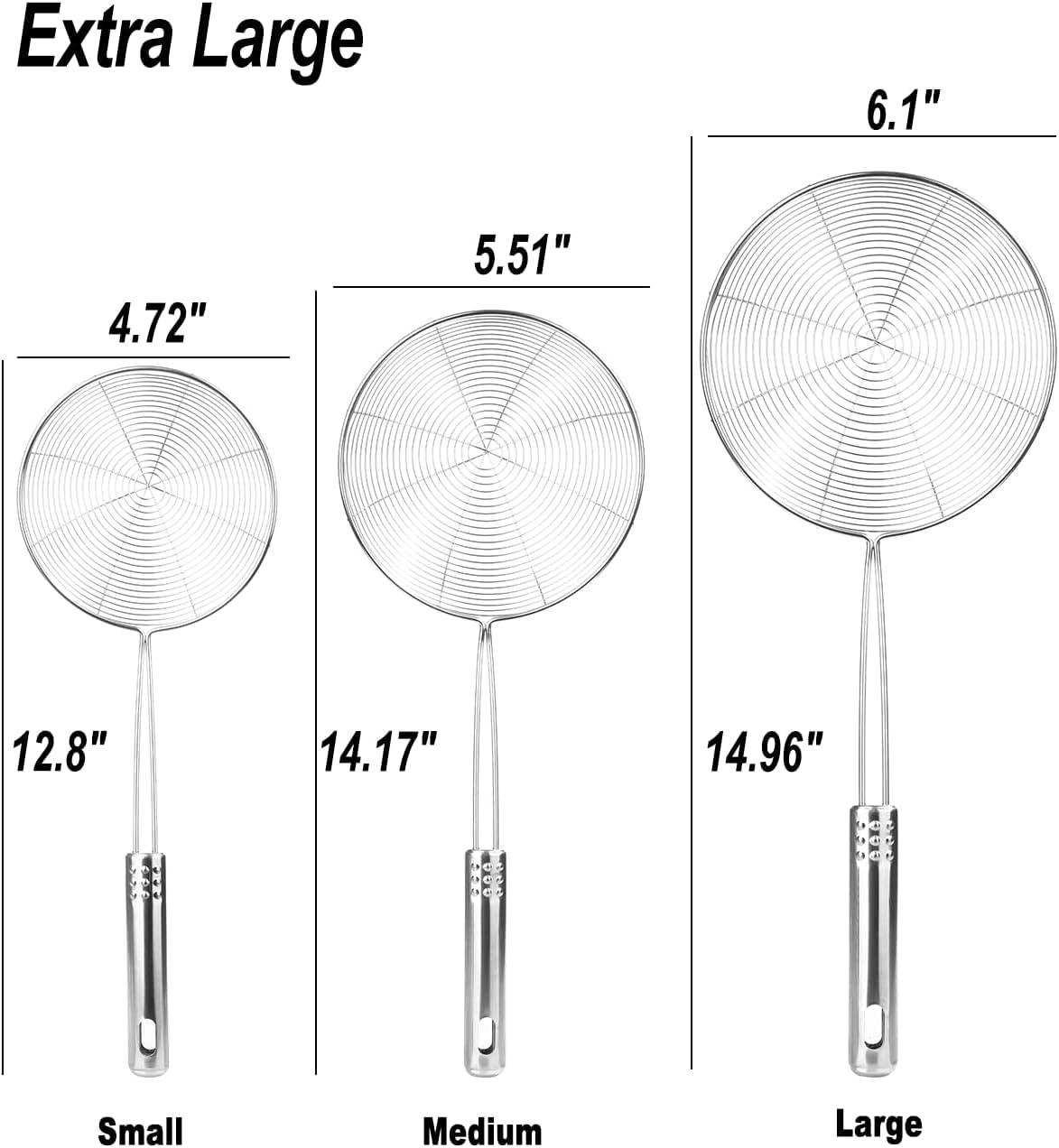 Enhanced Version Stainless Steel Spider Strainer Skimmer Ladle, Set of 3 Sizes Kitchen Strainer Spoon for Cooking and Frying, Pasta Strainer, Food Preparation-32.5cm, 36cm, 38cm