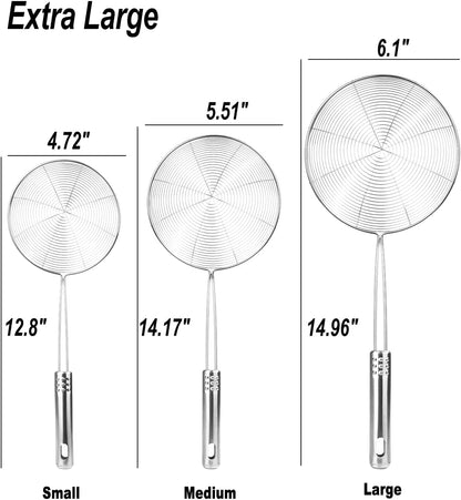 Enhanced Version Stainless Steel Spider Strainer Skimmer Ladle, Set of 3 Sizes Kitchen Strainer Spoon for Cooking and Frying, Pasta Strainer, Food Preparation-32.5cm, 36cm, 38cm