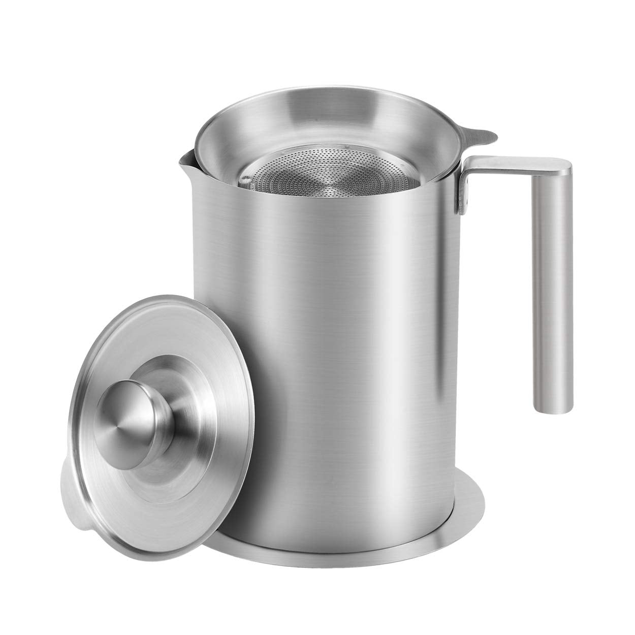 Sumerflos 1.8 L/1.9 Quart Stainless Steel Grease Strainer and Container - Large Oil Storage Pot Grease Keeper with Dust-Proof Lid & Easy Grip Handle - for Bacon, Kitchen Cooking or Frying Oil