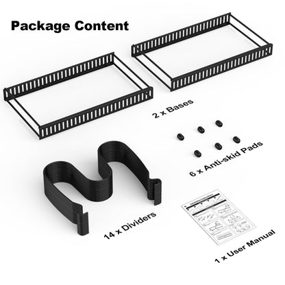 Housolution Pot and Pan Organizer Rack for Cabinet, Expandable Pot Lid Organizer Holder with 14 Adjustable Dividers, Fully Expanded Size 22.83" W x 7.09" D x 7.09" H, Black