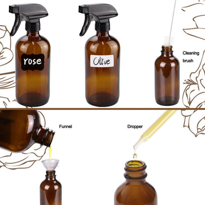 Loretoy Glass Spray Bottle Kit×10 (2×16oz, 2×4oz, 6×2oz), 9×10ml Roller Bottles, Anti UV, Multi Size and Versatile, Suitable for Aromatherapy, Facial Moisturizing, Watering, etc.(Amber)