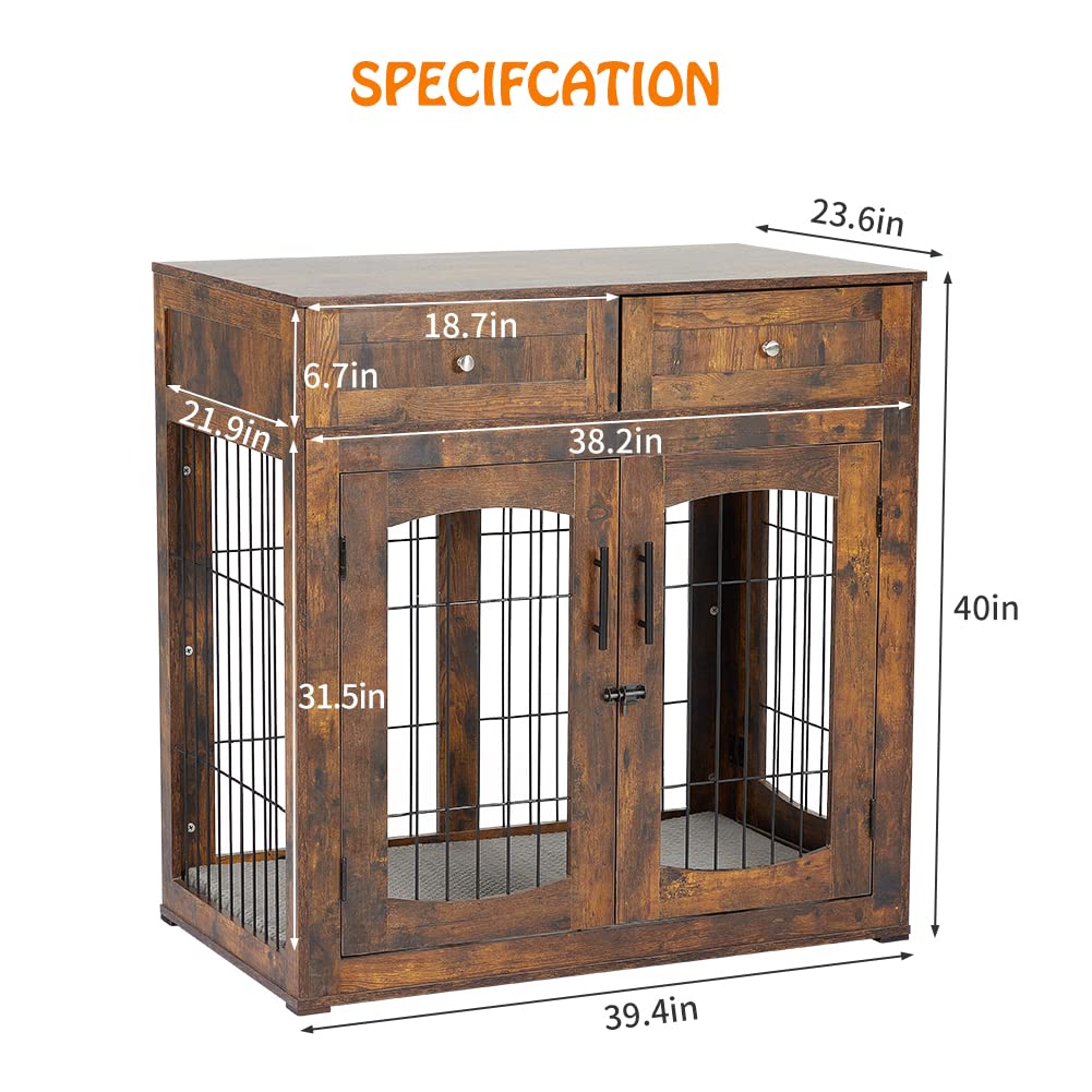 Dog Crate Furniture with Double Drawers, Wooden End Table Dog Kennel, Furniture Style Wood House Crate for Large Dogs, Decorative Dog Crate with Storage for Large Breed, 40 Inch Retro