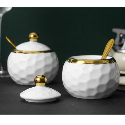 BIHOIB Golf Porcelain Sugar Bowl Condiment Pot Salt Container with Lid, Spoon and Tray, Set of 3, Modern Spice Box Seasoning Jar, White and Gold