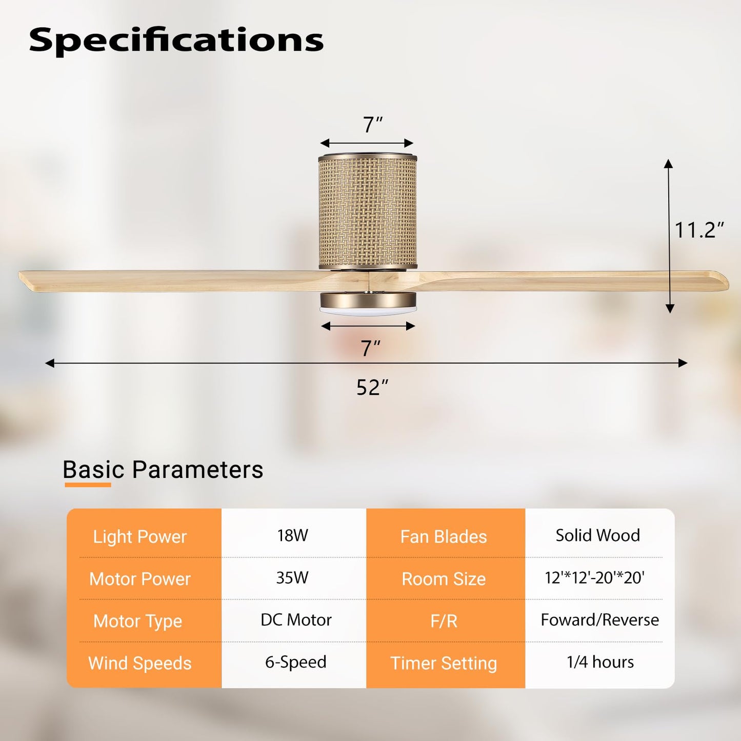 LEDLUX 52" Ceiling Fan with Light - Low Profile Flush Mount Ceiling Fan, 6-Speed Remote Control, Solid Wood, Quiet Reversible DC Motor, Boho Style, for Bedroom, Living Room, Porch, Light Oak/Gold