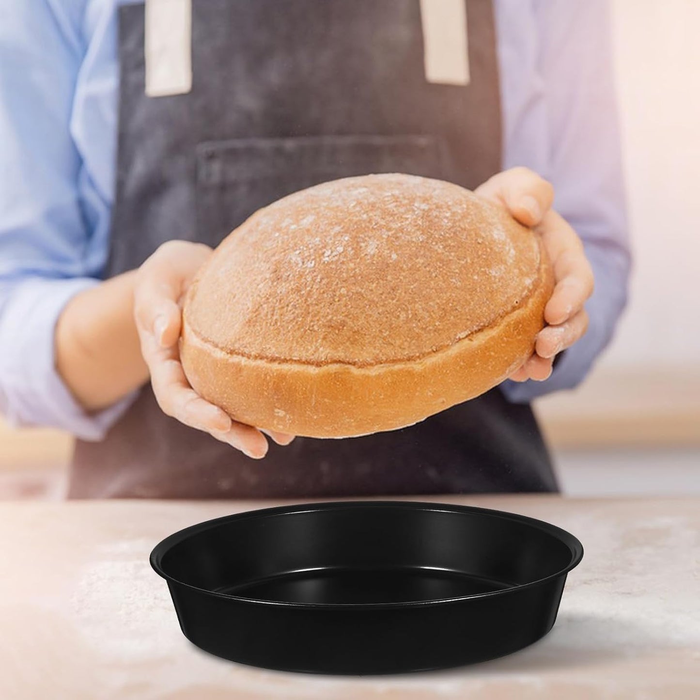 Homoyoyo 8 Inch Non-Stick Round Cake Pan, Black Carbon Steel Pizza Pan for Baking