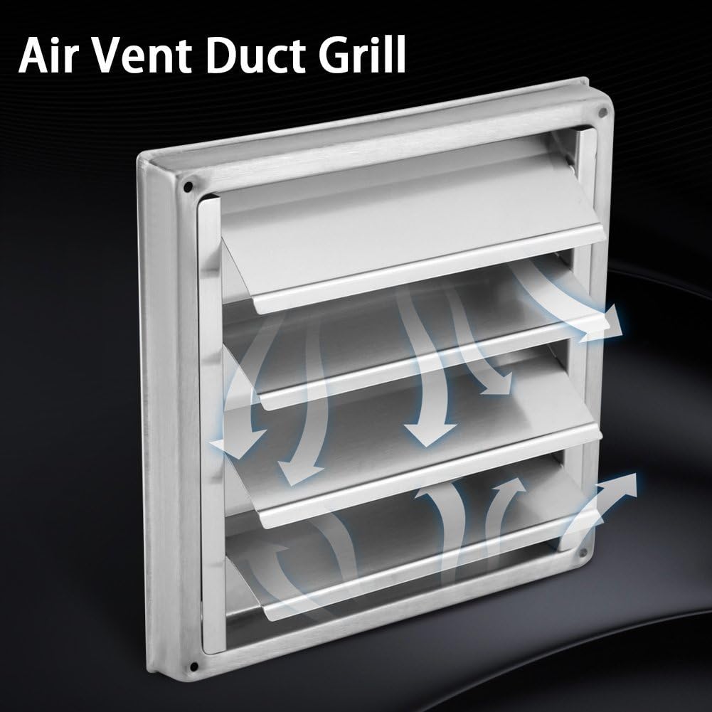 Louvered Outdoor Dryer Vent Cover, 100mm Stainless Steel Air Vent Duct Grill, Square Tumble Dryer Extractor Fan Outlet