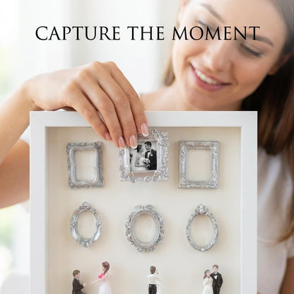 AHFYDX DIY Mini Frames Silhouette Box, Shadow Box Frame with 6 DIY Frames，2 Lights and 4 Dolls, Customizable Design, Warm Style, Sentimental Gift for Family and Couples（White-Acrylic Front pane）