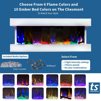 Touchstone Chesmont Smart Electric Fireplace- Wall Hanging Fireplace with 50" Wide White Floating Mantle- Alexa/WiFi Enabled-10 Color-1,500W Heater- Crystals & Driftwood-Model 80033