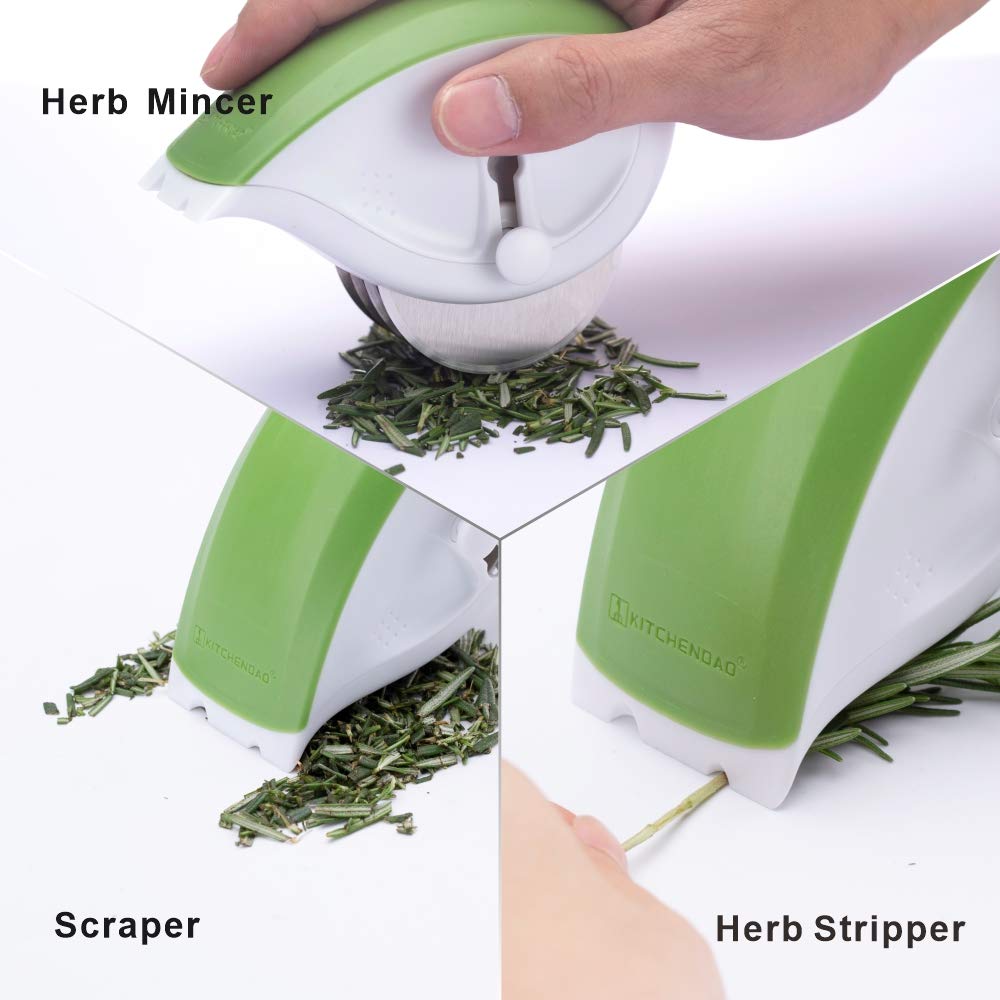 KITCHENDAO 3-in-1 Herb Chopper Mincer Roller Cutter Slicer, Leaf Stripper, Scraper- Retractable for Safe Storage, Detachable for Easy Cleaning, 4 Sharp Stainless Steel Blades, Soft-touch Handle