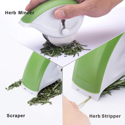 KITCHENDAO 3-in-1 Herb Chopper Mincer Roller Cutter Slicer, Leaf Stripper, Scraper- Retractable for Safe Storage, Detachable for Easy Cleaning, 4 Sharp Stainless Steel Blades, Soft-touch Handle