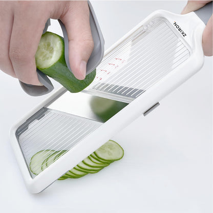 ZKIRON Handheld Mandoline Slicer for Kitchen - Adjustable 3-Thickness Vegetable Slicer (1mm-3mm) with Food Holder - Safe Potato Slicer & Cucumber Cutter for Salad, Easy to Clean (Gray)