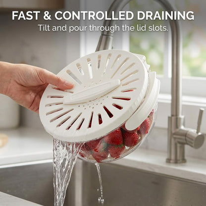 Mesh Fruit Basket Straine, Cleaner Bowl with Lid, 2-in-1 Draining and Preservation Spinner, Multifunctional Vegetable Washer Colander with Foldable Handle for Kitchen Counter