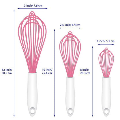 OYV Pink Silicone Whisk, Sealed Waterproof Design Set of 3, Professional Kitchen Whisks for Cooking Non-Scratch, Silicone&Stainless Steel Whisk, Heat Resistant 480°F Rubber wisk, BPA free
