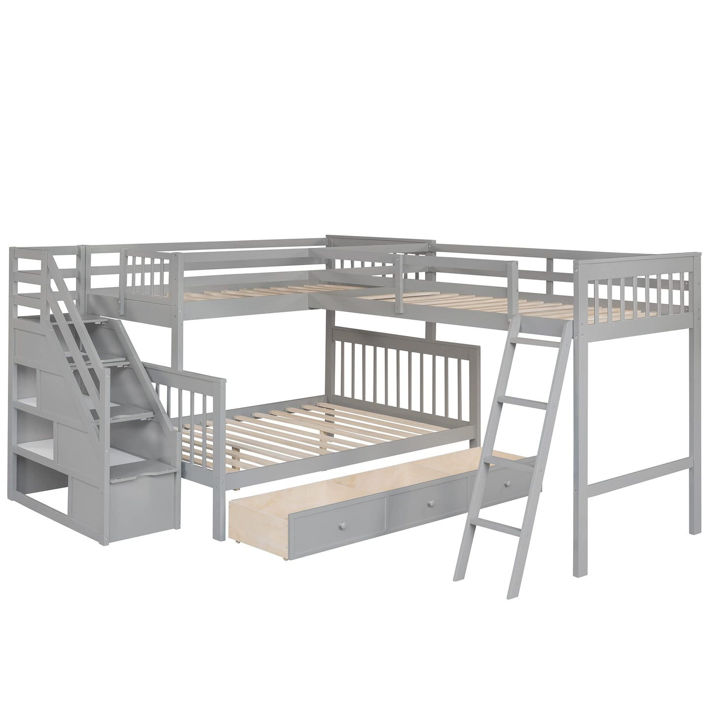 Merax Bunk Bed with a Loft Attached, Triple Bedframe with Drawers, Guardrails and Ladders, Gray Platform, L-Shaped Twin Over Full