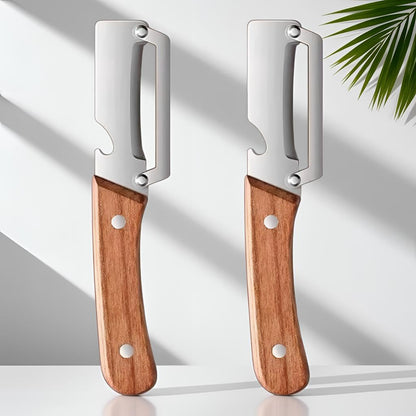 2 Pack Premium 2-in-1 Multi Functional Vegetable and Fruit Peeler with Bottle Opener, Wooden Handle, Stainless Steel Blade-Zero Snag, Smooth Glide Kitchen Tool for Potato, Carrot,Sugar Cane and More
